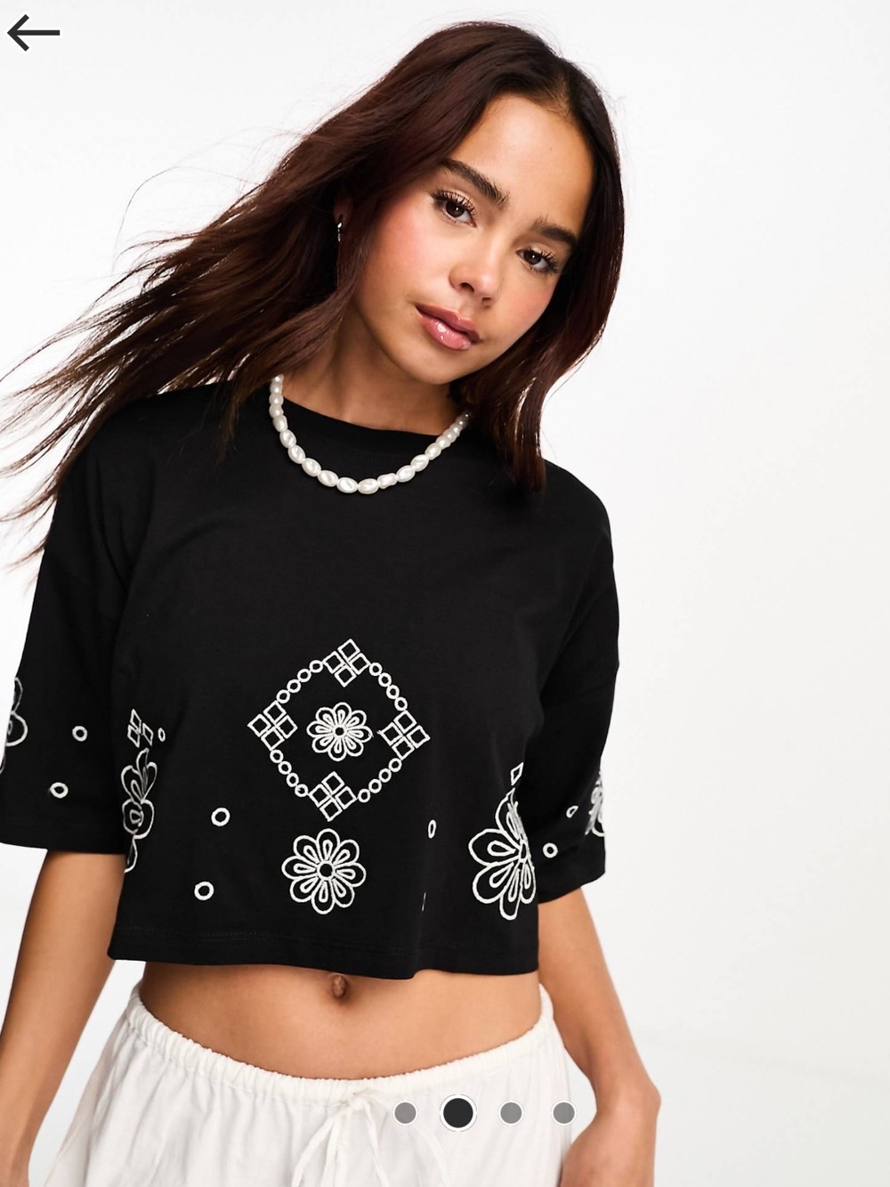 Black Embroidered Cropped Top with Floral Motif